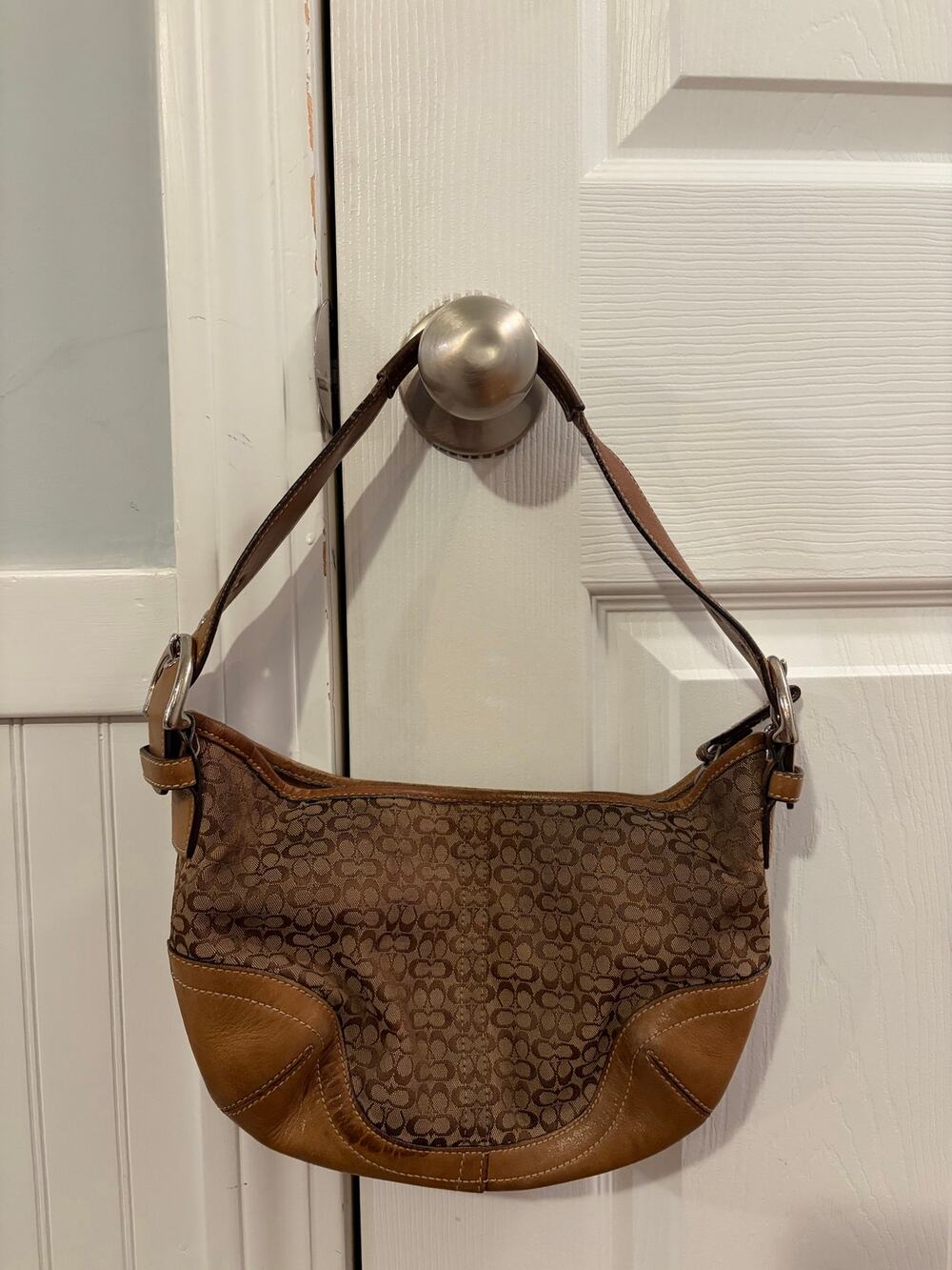 VINTAGE Y2K coach brown hobo shoulder bag featuring tan leather bottom trim